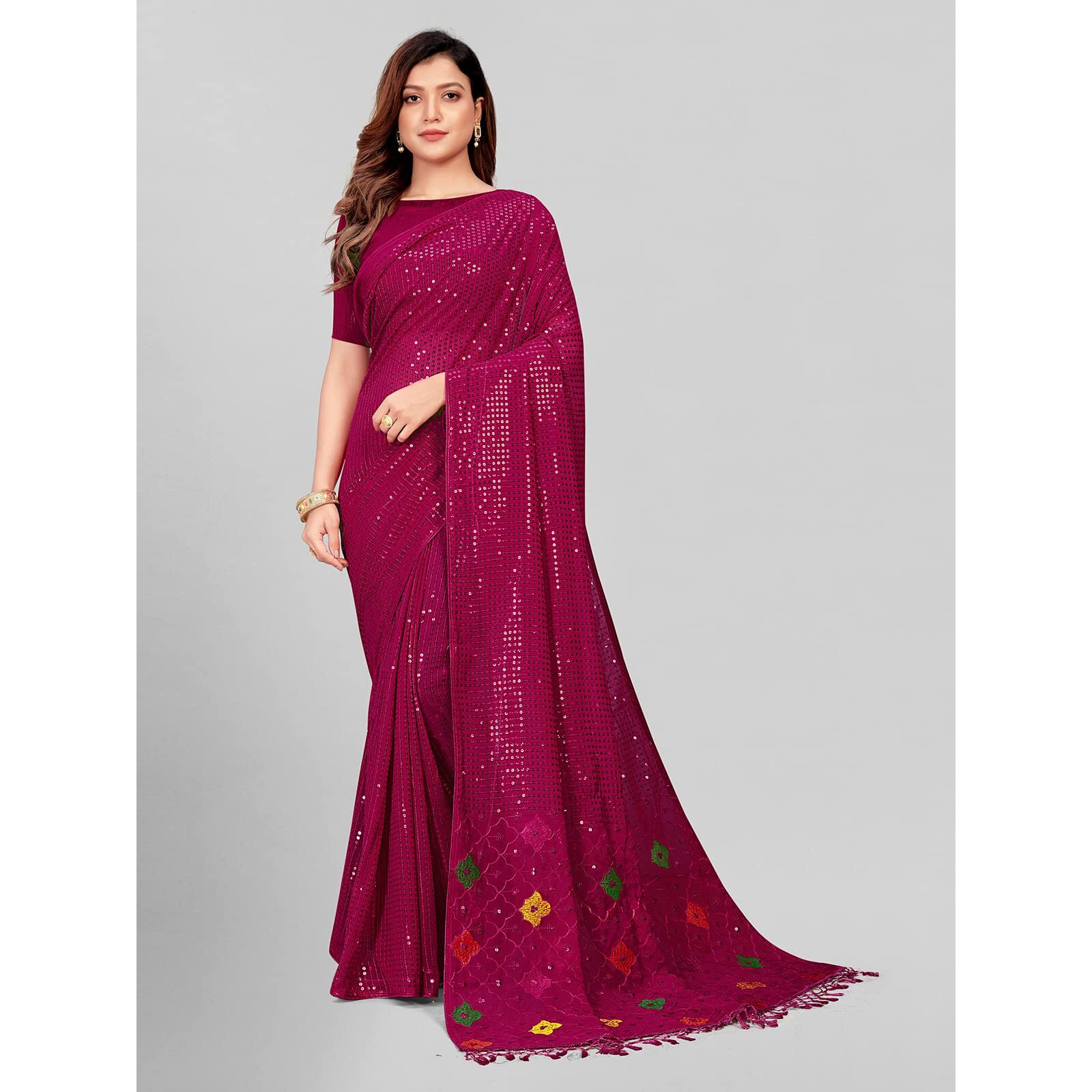 Pratham Blue Women's Sequins Georgette Fancy Saree With Blouse Piece (Am-287_Pink)