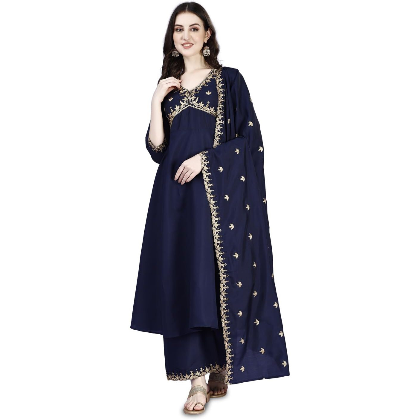 Pratham Blue Kurta Set For Women Silk Embroidered Anarkali Kurta Set For Women With Palazzos And Dupatta (Pb-6169-S_Blue)
