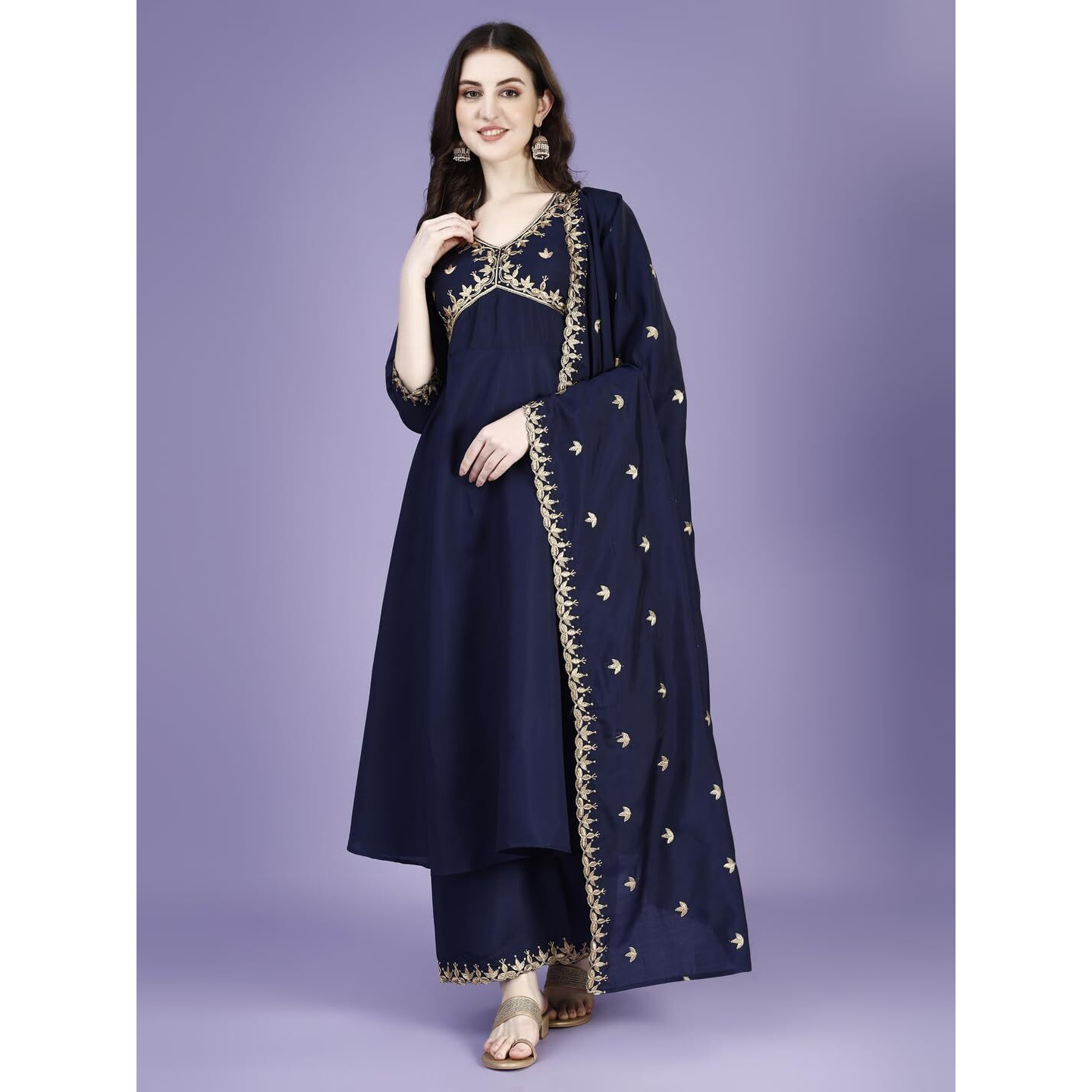 Pratham Blue Kurta Set For Women Silk Embroidered Anarkali Kurta Set For Women With Palazzos And Dupatta (Pb-6169-S_Blue)