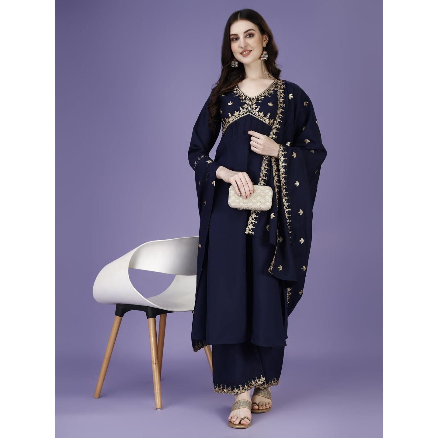 Pratham Blue Kurta Set For Women Silk Embroidered Anarkali Kurta Set For Women With Palazzos And Dupatta (Pb-6169-S_Blue)