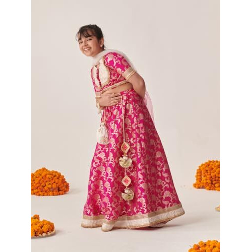 Pspeaches Girl's Silk Blend 1 Lehenga, 1 Choli, 1 Dupatta (L-Ranibrocade-6- Magenta_6-7Y)