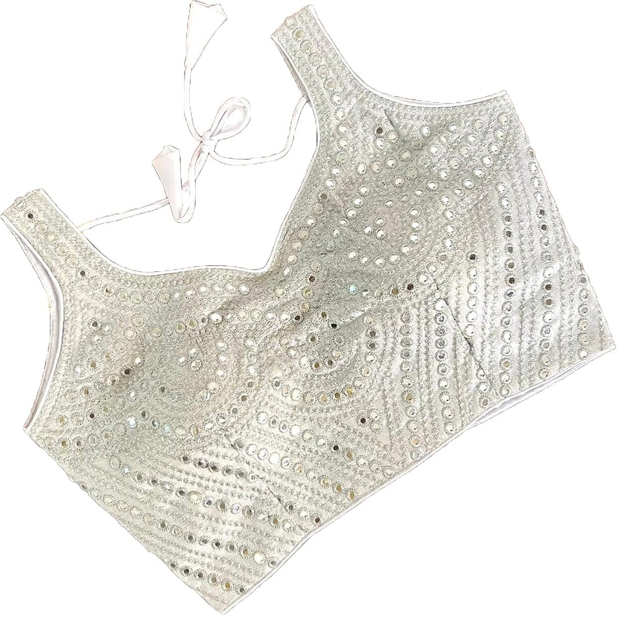 Pujia Mills Fancy Women's Foil Mirror And Thread Zari Work Sweetheart Neck Silk Sleeveless Blouse (Pc Bindi Foil Parent) (White-Silver Zari, 38)