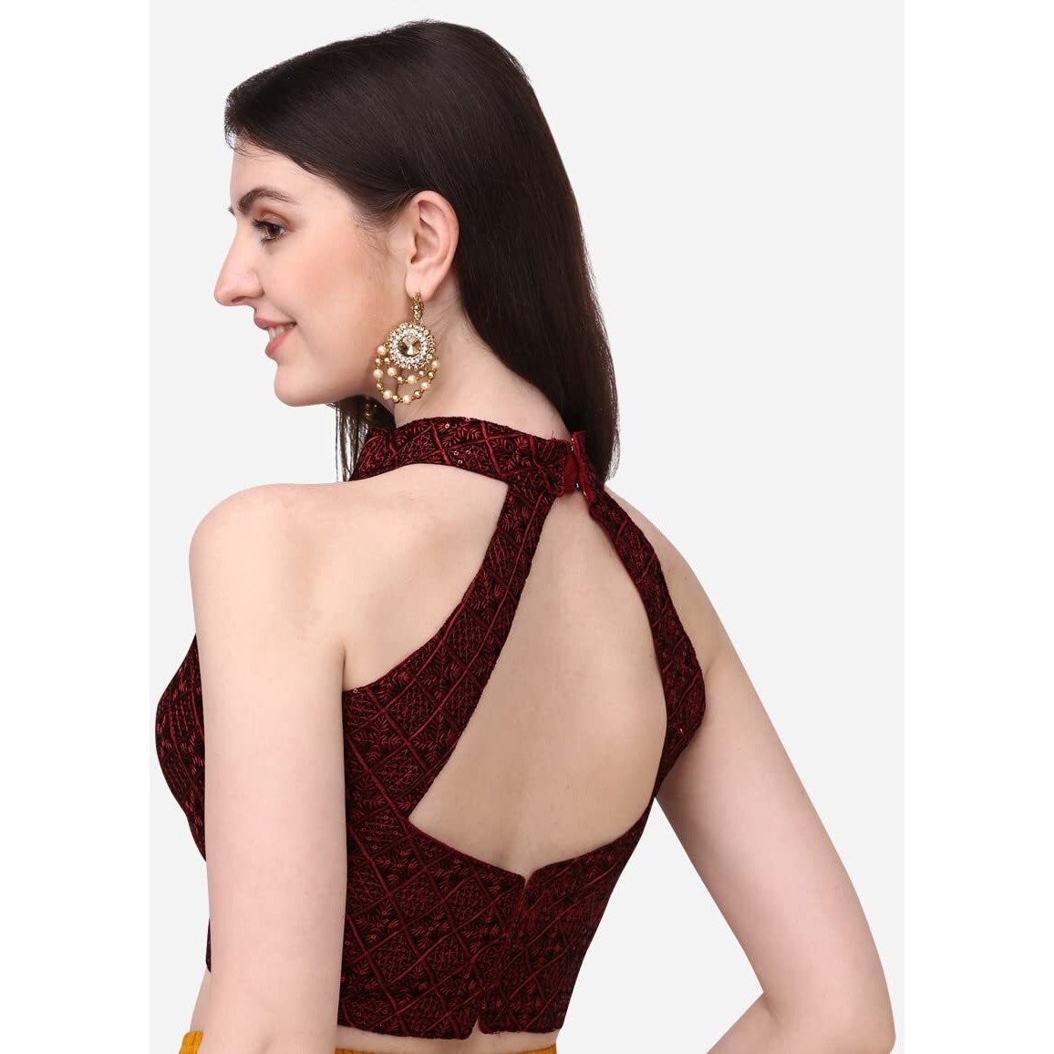 Pujia Mills Women's Halter Neck Chickenkari Sequins Work Readymade Saree Blouse (Maroon, 32)