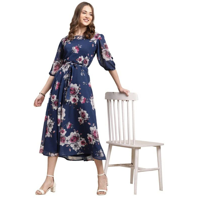 Preneum Women's Maxi Fit & Flare Latest Style Print Georgette Regular Sleeves Casual Summer Maxi Dress || Festival & Occasion, Light Blue, Xl