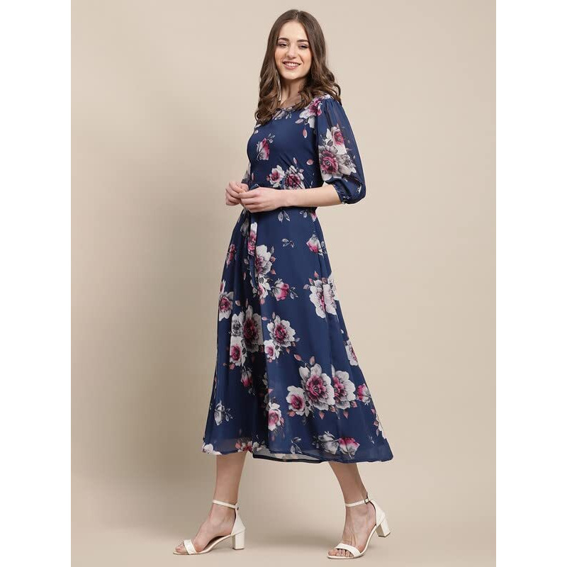 Preneum Women's Maxi Fit & Flare Latest Style Print Georgette Regular Sleeves Casual Summer Maxi Dress || Festival & Occasion, Light Blue, Xl