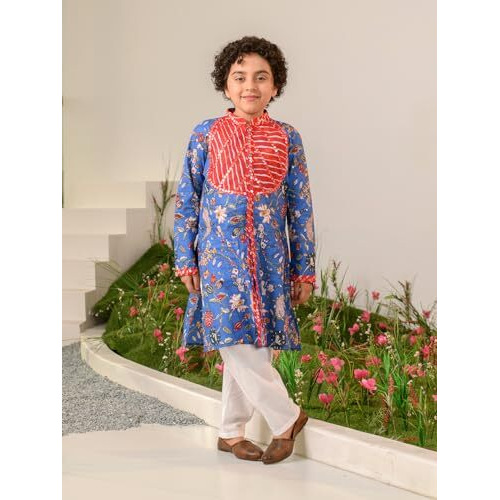 Pspeaches Boys Floral Printed Regular Pure Cotton Kurta With Pyjamas