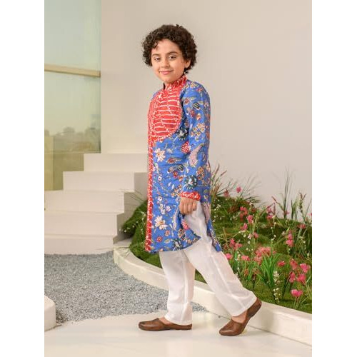 Pspeaches Boys Floral Printed Regular Pure Cotton Kurta With Pyjamas