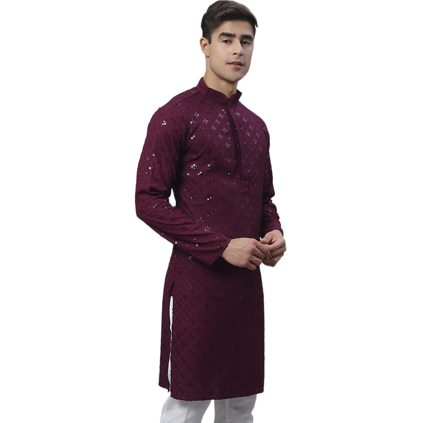 Jompers Men's Chikankari Embroidered And Sequence Kurtas Only (Purple, L)