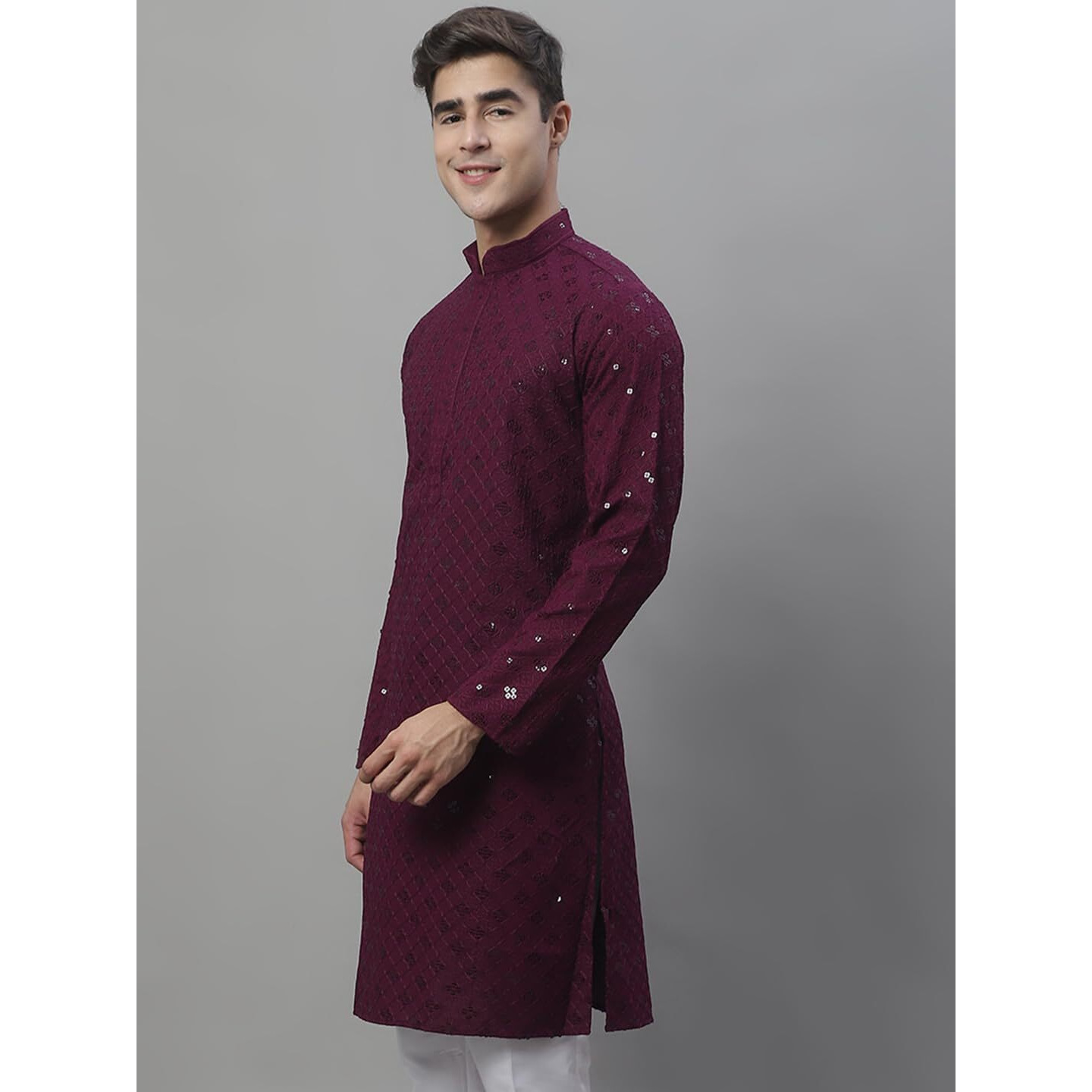 Jompers Men's Chikankari Embroidered And Sequence Kurtas Only (Purple, L)