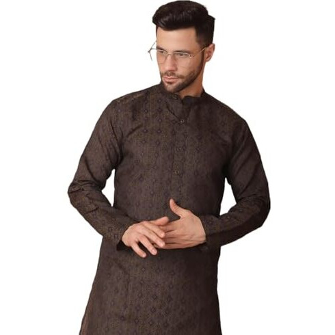 Jompers Men's Navy Woven Design Silk Blend Kurta Only (Navy, L)