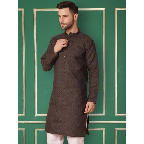 Jompers Men's Navy Woven Design Silk Blend Kurta Only (Navy, L)