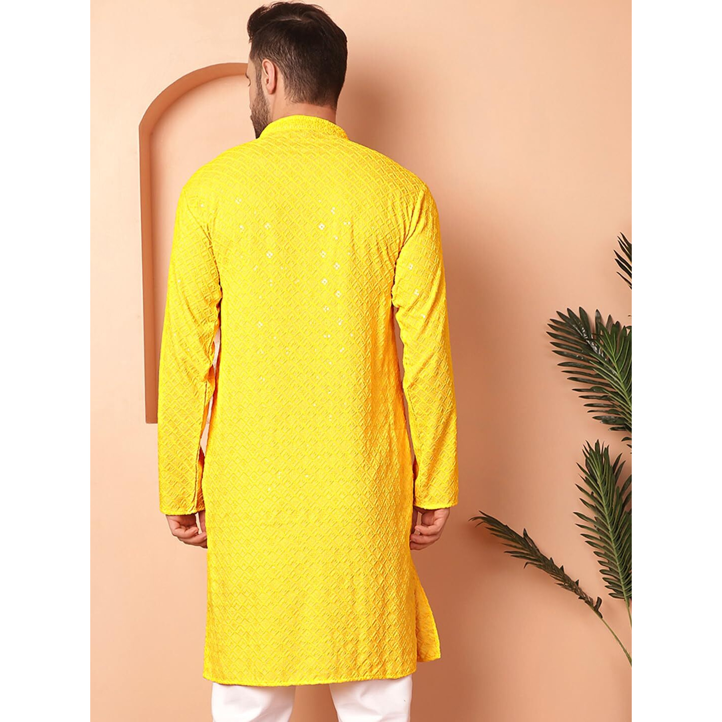 Jompers Men Yellow Embroidered And Sequence Kurtas (Yellow, M)