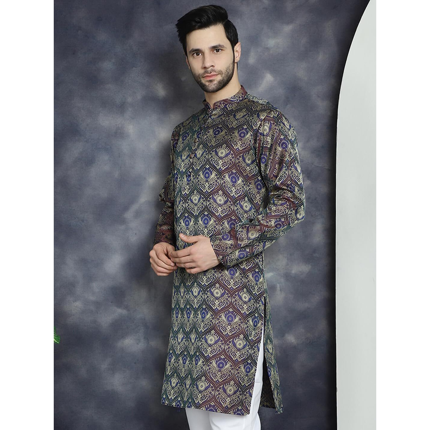 Jompers Men's Purple Silk Blend Straight Kurtas (Purple, L)