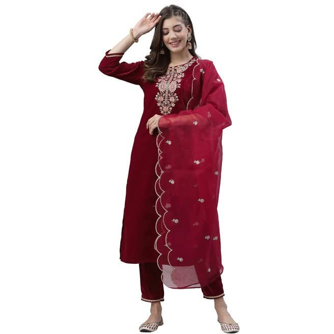 Sanisa Women's Embroidery Velvet Straight Kurta Set With Dupatta (26Kbd353N-L_Red)