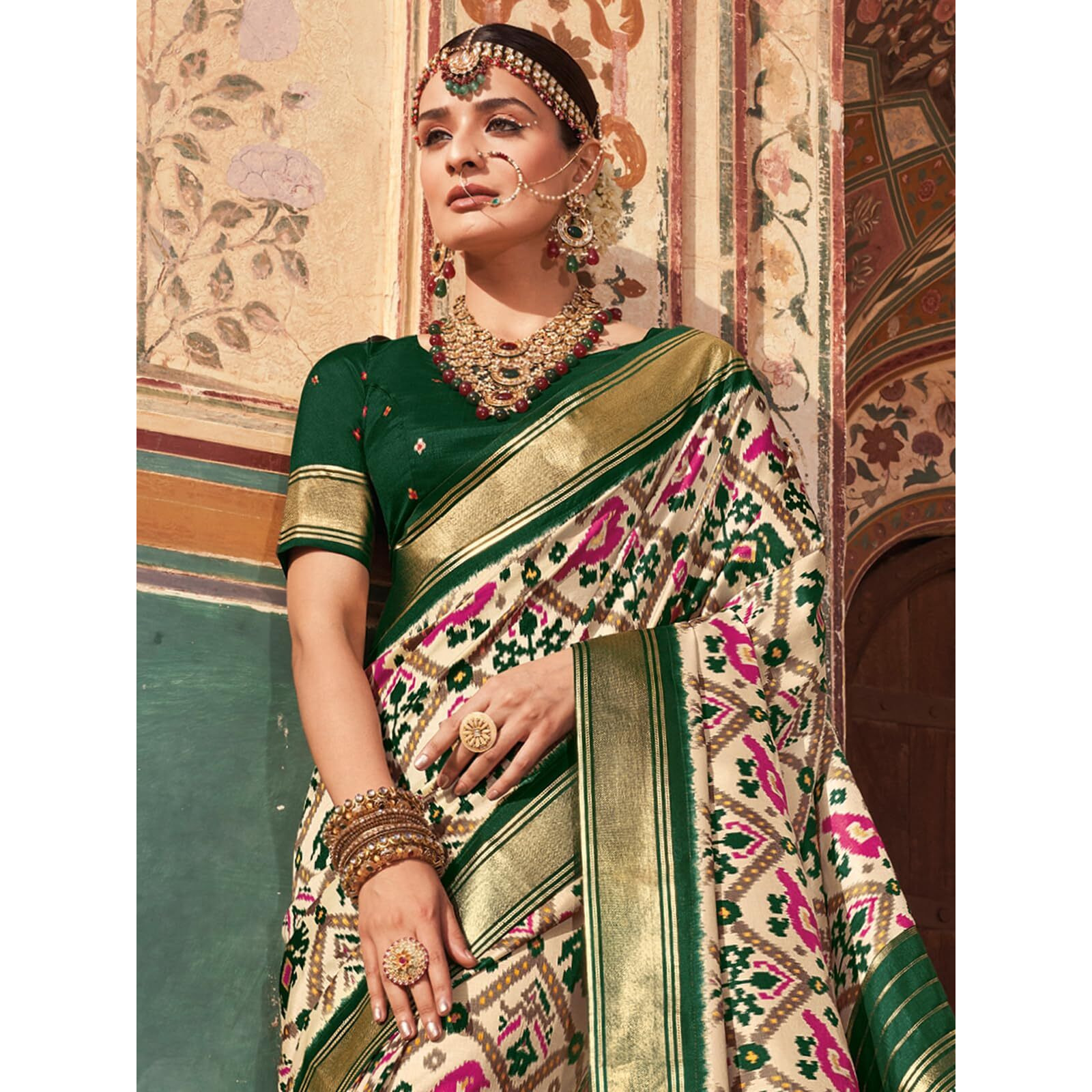 Satrani Women's Silk Blend Ikkat Printed Foil Work Saree With Unstitched Blouse Piece (3874S384N_Cream & Dark Green)