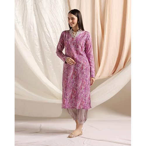 Leriya Fashion Cotton Blend Floral Foil Printed Indian Ethnic Kurta With Pant Set For Women Fancy Patiyala Pant Set For Traditional Ceremony Party Office Wear Kurti Set (Medium, Purple)