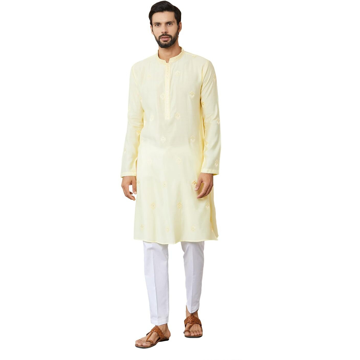 See Designs Men's Long Sleeve Mandarin Collar Side Slit Light Yellow Embroidered Pure Chanderi Silk Straight Kurta - Sdkt2545M