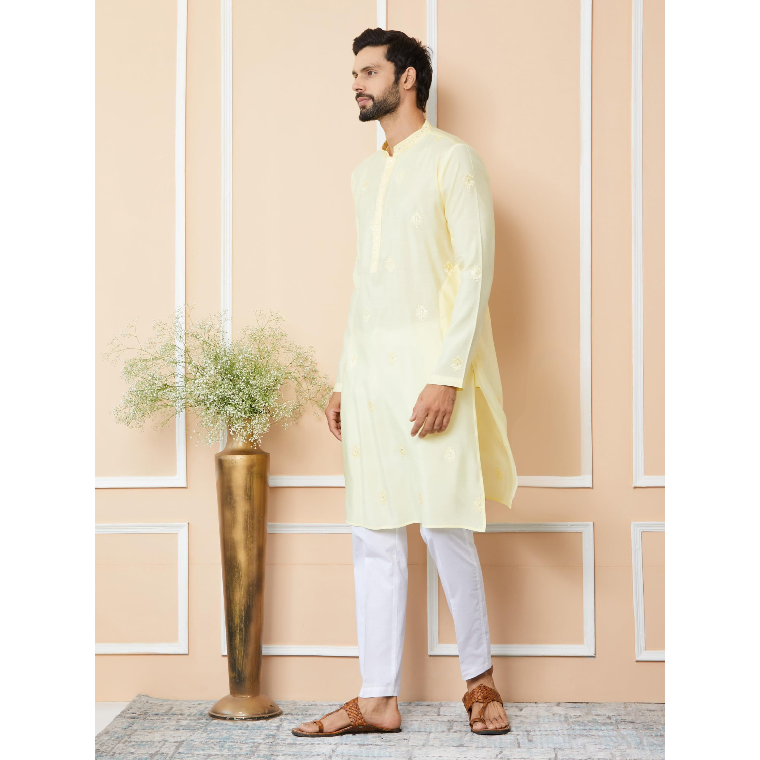 See Designs Men's Long Sleeve Mandarin Collar Side Slit Light Yellow Embroidered Pure Chanderi Silk Straight Kurta - Sdkt2545M