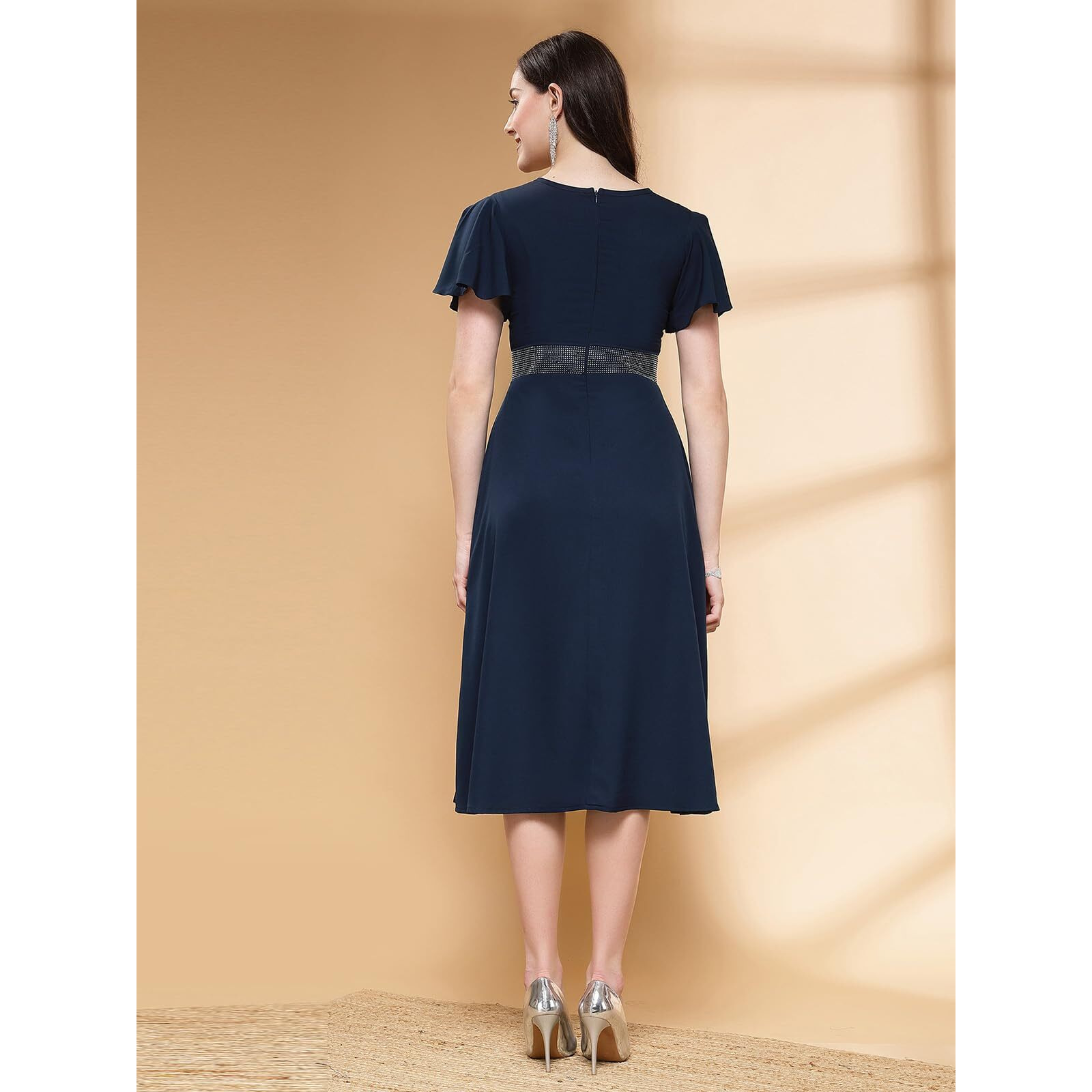 Selvia Women's Western Dress | Stone Work Flutter Sleeve Crepe Western Dress For Women | Round Neck A-Line Dress For Women | One Piece Dress For Women (665Dtk685N-Xs_Dark Blue)