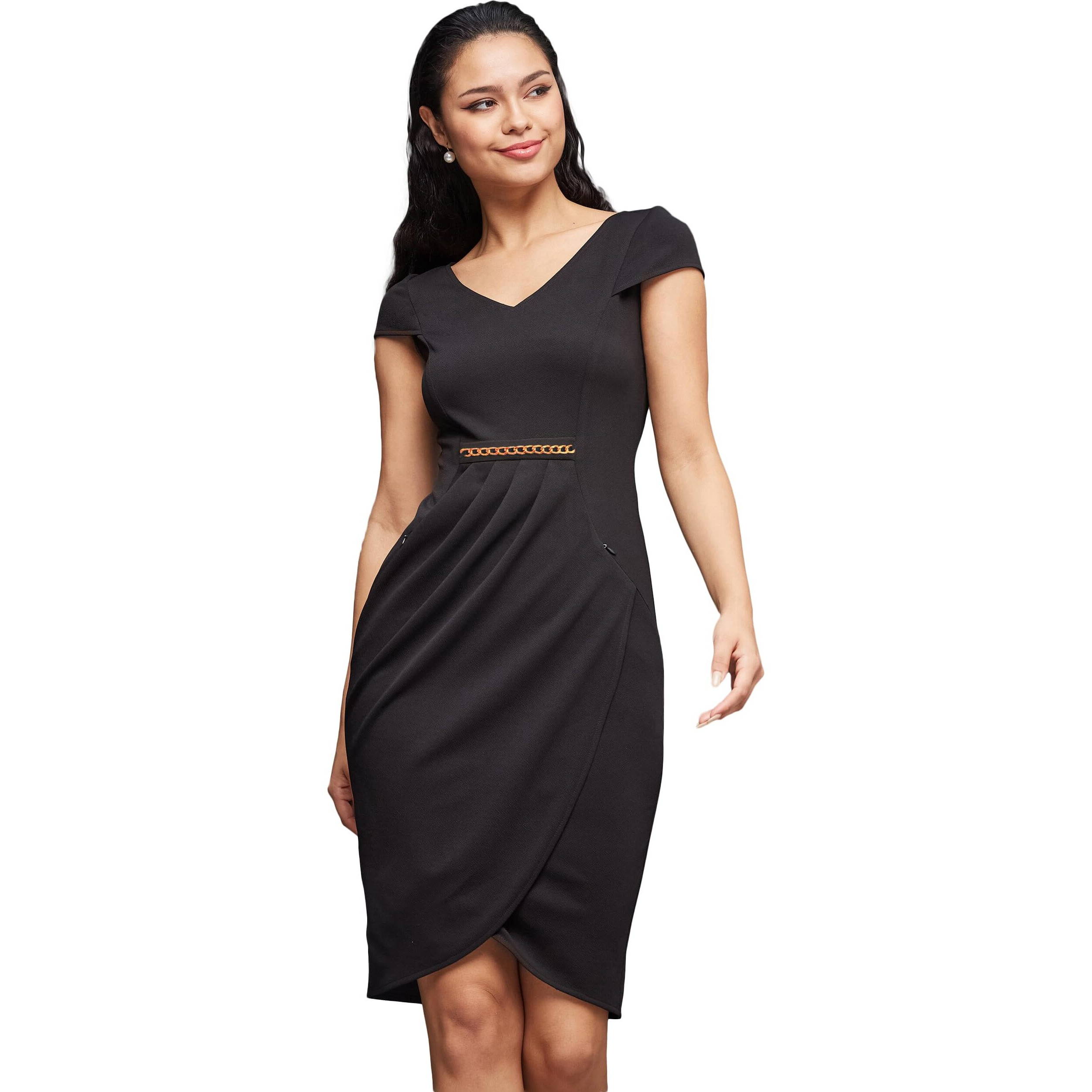 Miss Chase Women's Solid V-Neck Cap Sleeves Polyester Side Pocketed Knee Long Dress (Mcss22D16-20-62-07, Black, Xxl)