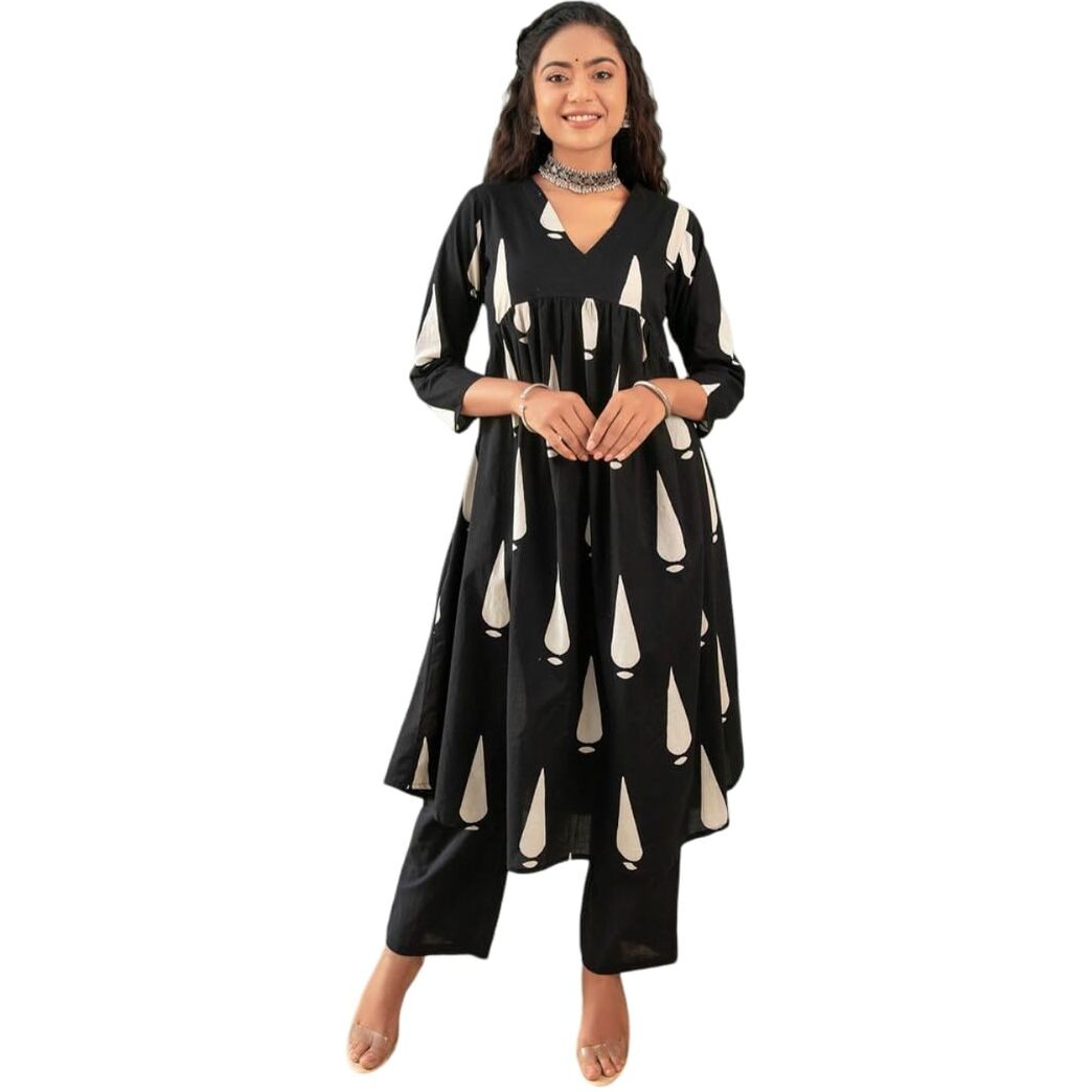 Shienzy Cotton Blend Teardrop Motif Anarkali Women's Kurtas & Kurtis (1612_1654-Xxl_Black_2Xl)