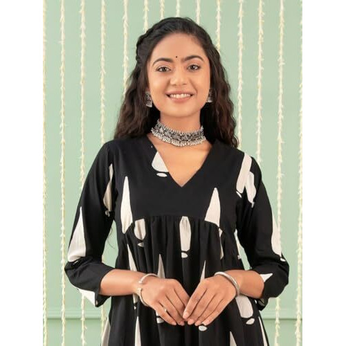 Shienzy Cotton Blend Teardrop Motif Anarkali Women's Kurtas & Kurtis (1612_1654-Xxl_Black_2Xl)