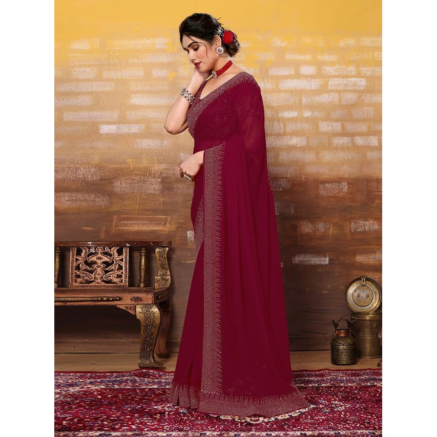 Satrani Women's Georgette Hot Fixing Saree With Unstitched Blouse Piece (3320S155N_Maroon)