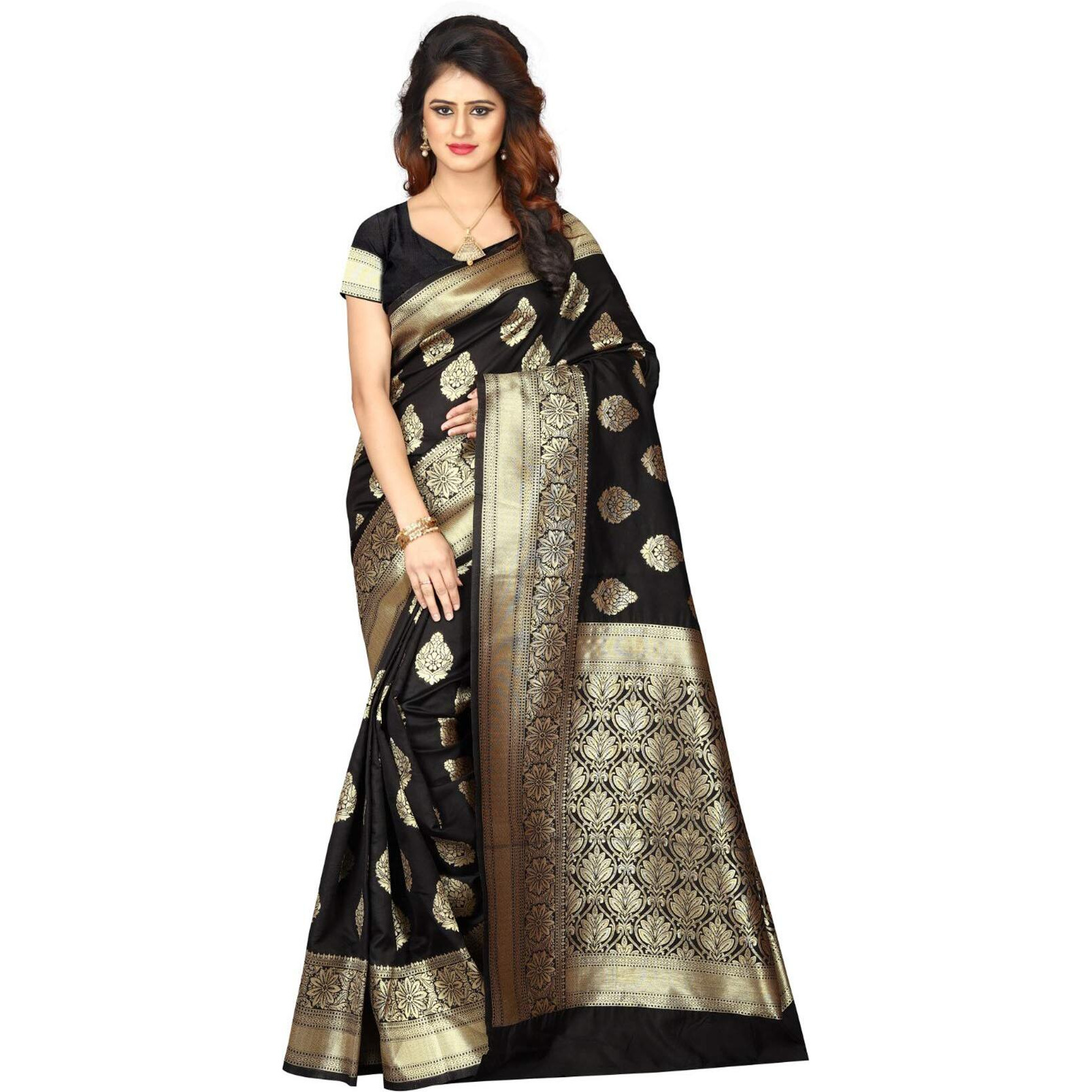 Shasmi Black And Golden Silk Blend Kanchipuram Jacquard Woven Designing Saree For Women (San Pari 6
