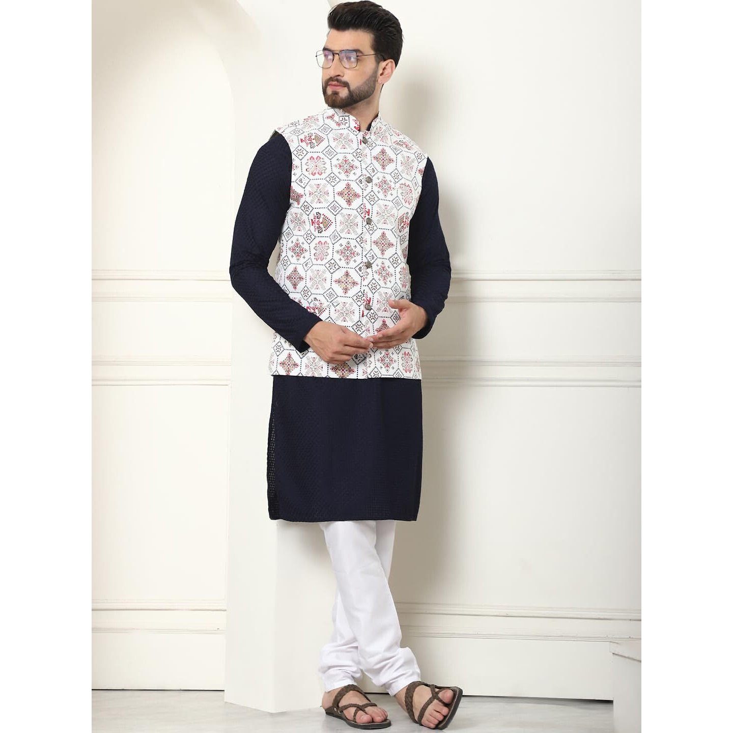 Sojanya (Since 1958 Men's Pure Cotton Navy Kurta And White Pyjama With Sequins Cream Nehru Jacket
