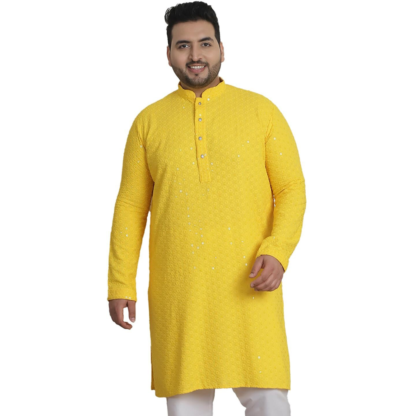 Sojanya Plus (Since 1958) Men's Cotton Sequinned Embroidered Yellow Long Kurta