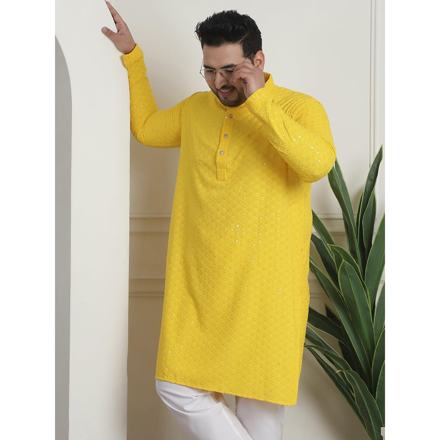 Sojanya Plus (Since 1958) Men's Cotton Sequinned Embroidered Yellow Long Kurta