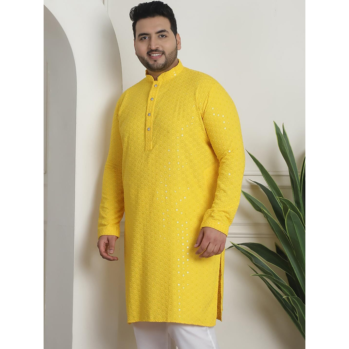 Sojanya Plus (Since 1958) Men's Cotton Sequinned Embroidered Yellow Long Kurta