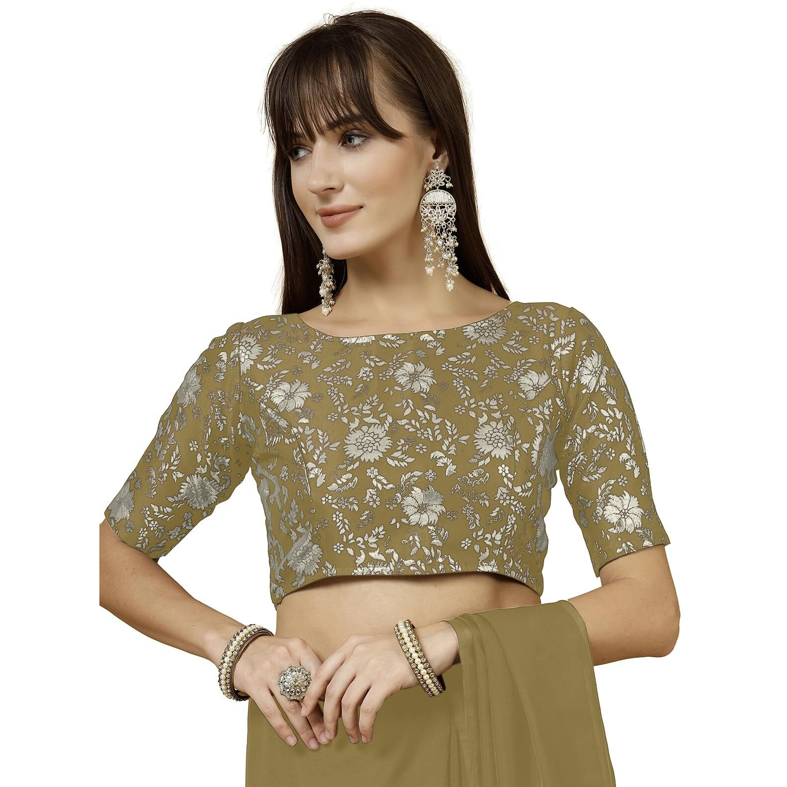 Oomph Women's Indian Ethnic Wear Designer Self Design Pattern Zari Work Boat Neck Half Sleeve Mehendi Green Color Jacquard Readymade Blouse For Saree Or Lehnga And Fusion Twist. Xl