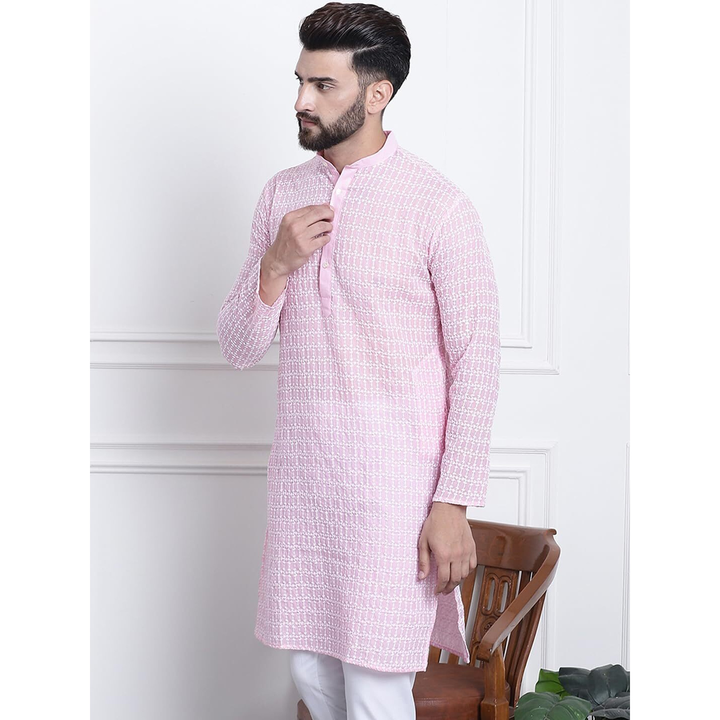 Sojanya (Since 1958 Men's Pure Cotton Pink With White Embroidery Only Long Kurta