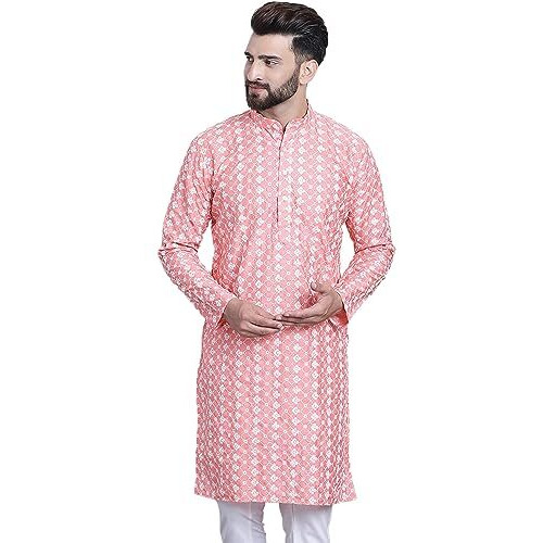 Sojanya (Since 1958 Men's Silk Blend Peach Embroidered Only Long Kurta