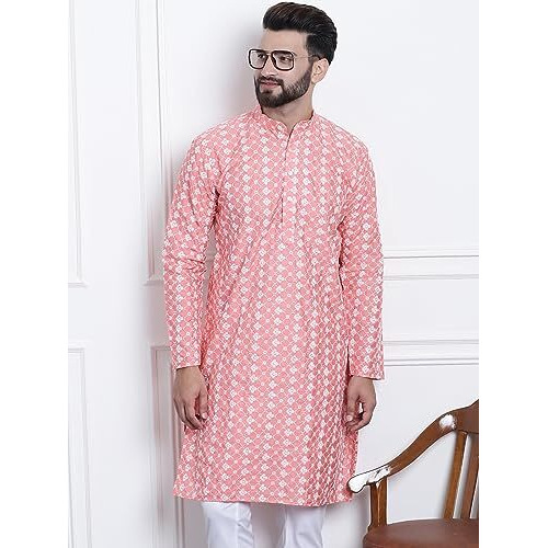 Sojanya (Since 1958 Men's Silk Blend Peach Embroidered Only Long Kurta