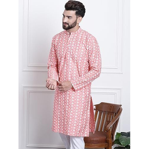 Sojanya (Since 1958 Men's Silk Blend Peach Embroidered Only Long Kurta