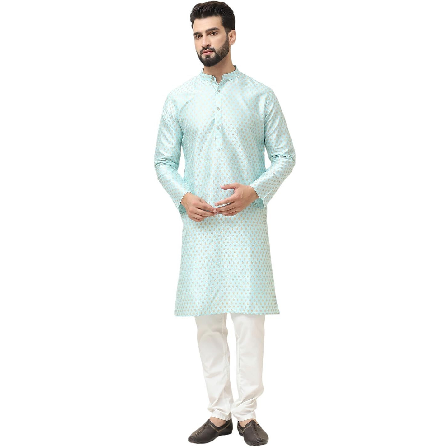 Sojanya (Since 1958 Men's Silk Blend Sky Blue Self Design Kurta With Off White Pyjama Set