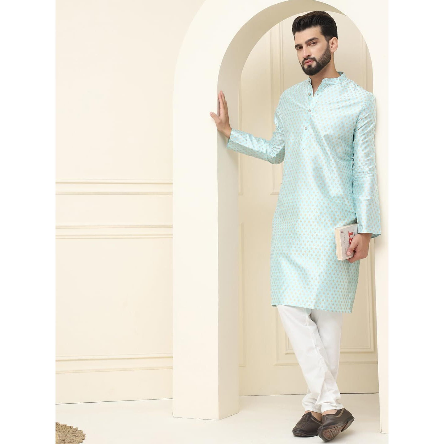 Sojanya (Since 1958 Men's Silk Blend Sky Blue Self Design Kurta With Off White Pyjama Set