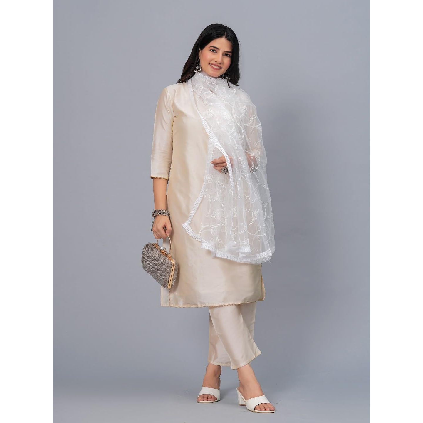 Stylum Women's Embroidered Net Drawer Dupatta (Dupnuvwhite_White)
