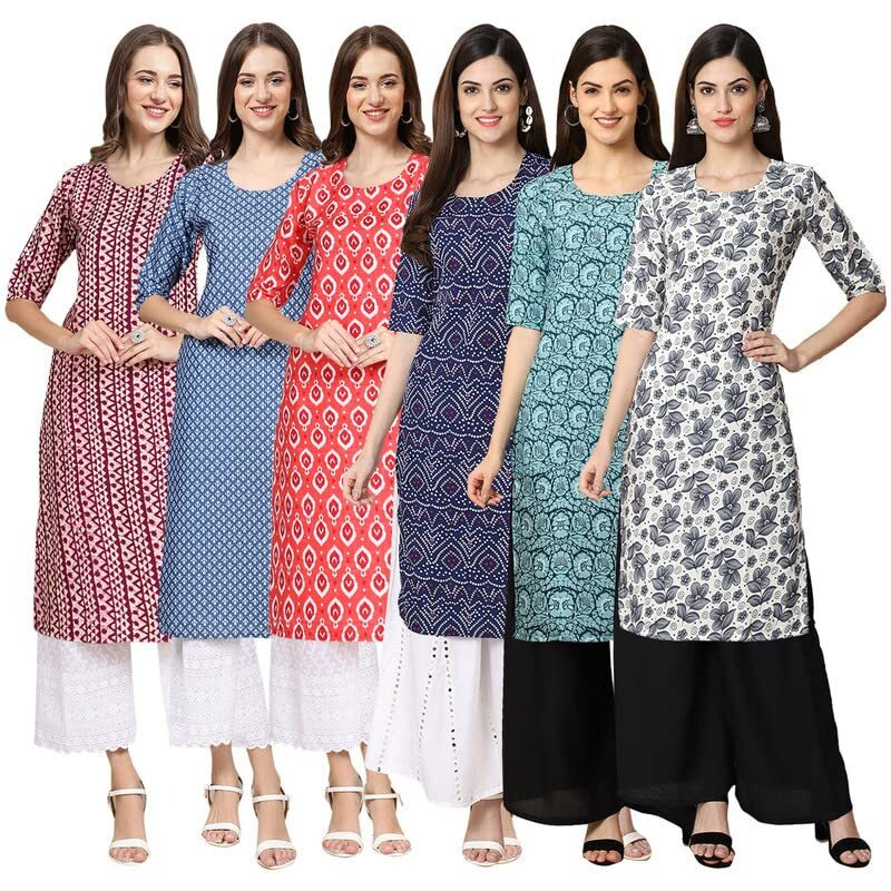 Pinkmint Women's Crepe Digital Print Straight Kurta [Pack Of 6](Mv-347-367-346-375-378-357-Xl)