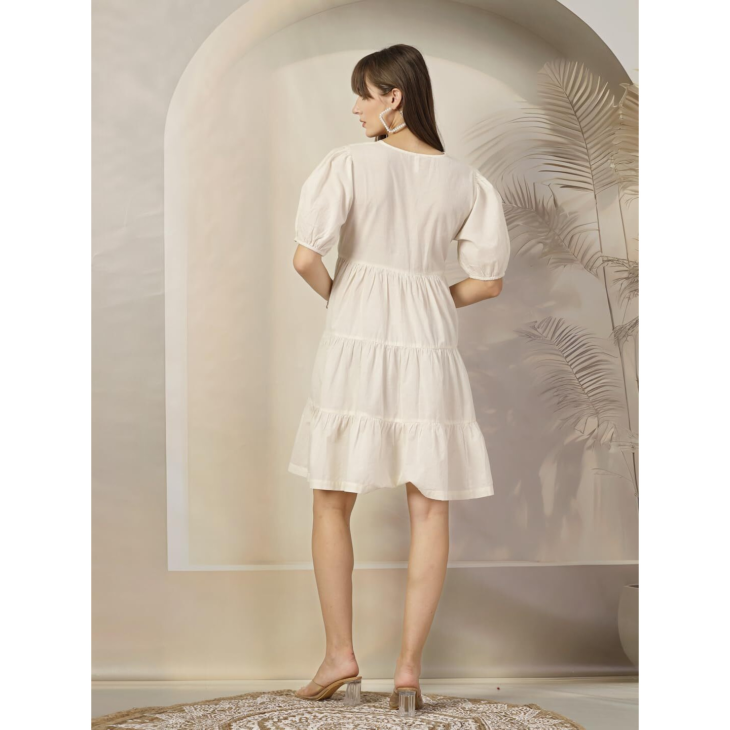 Stylum Women's Cream Solid & Embroidered Cotton Flared Dress (Drscreamlimbo40_Off White, L)