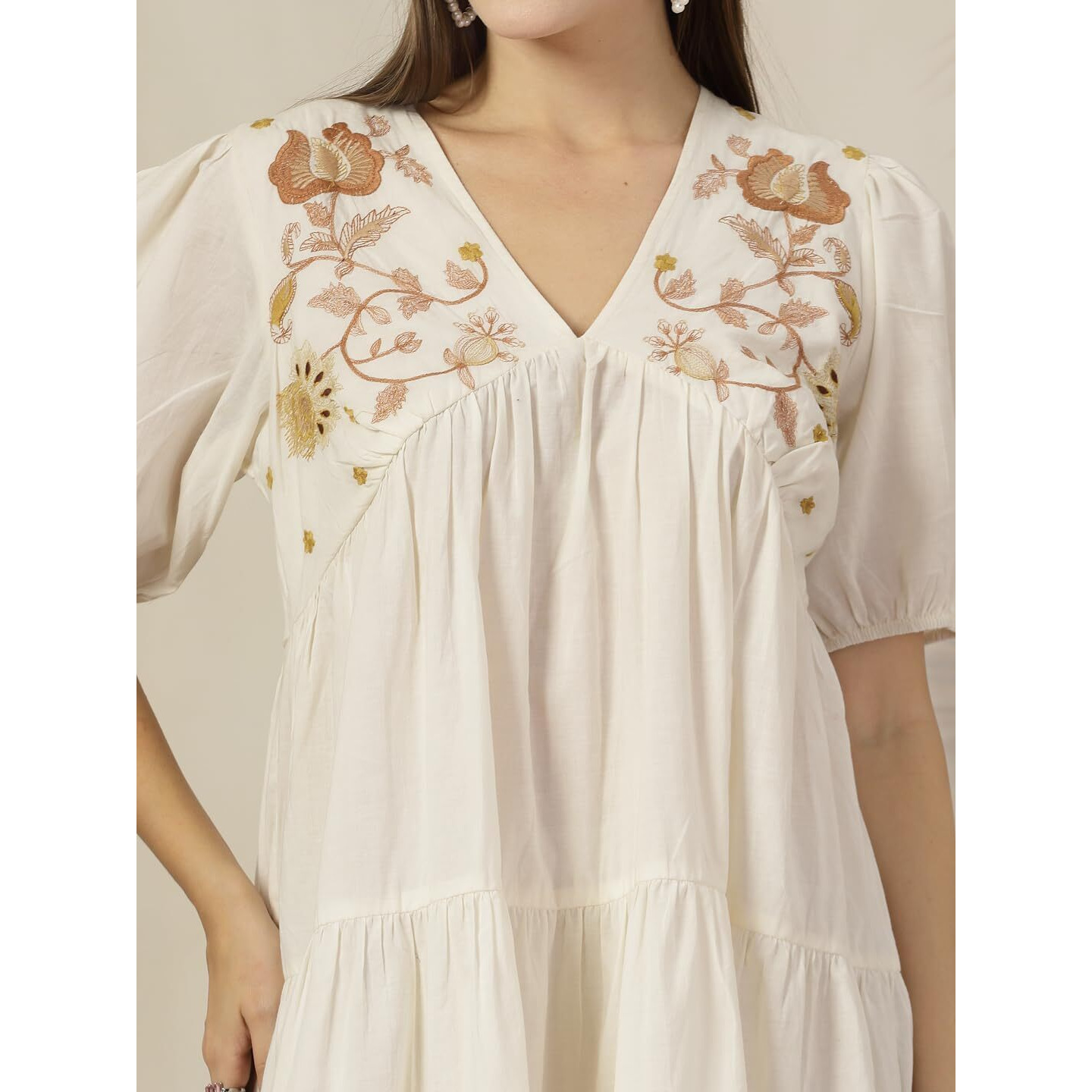 Stylum Women's Cream Solid & Embroidered Cotton Flared Dress (Drscreamlimbo40_Off White, L)