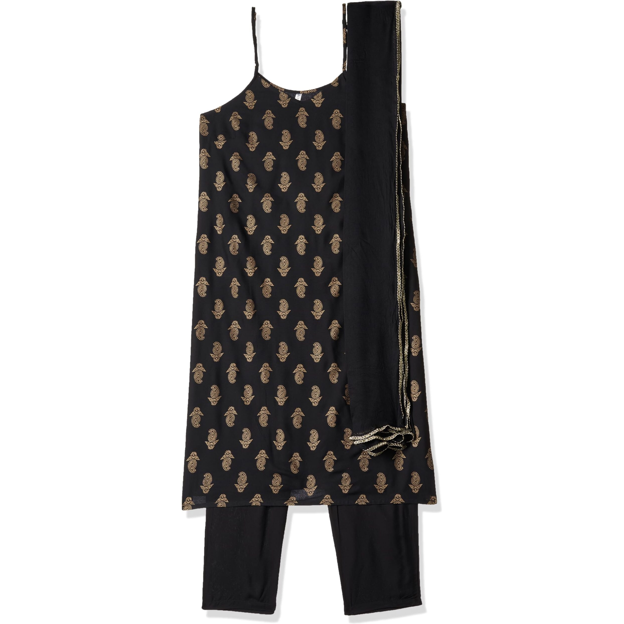 Stylum Women's Gold Print Rayon Straight Kurta Pant Dupatta Set (Kpdblackjar-44_Black, Xxl)