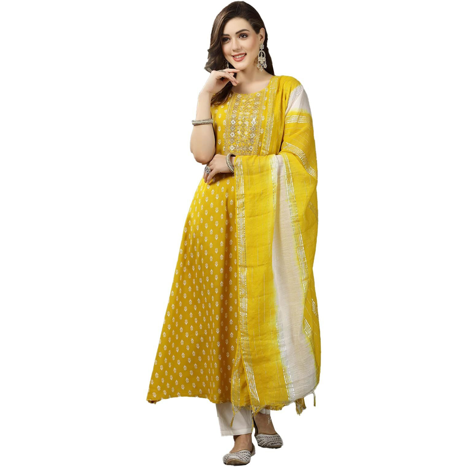 Stylum Women's Printed & Embroidered Rayon A-Line Kurta With Dupatta (Kdylwfruity36_Yellow, S)