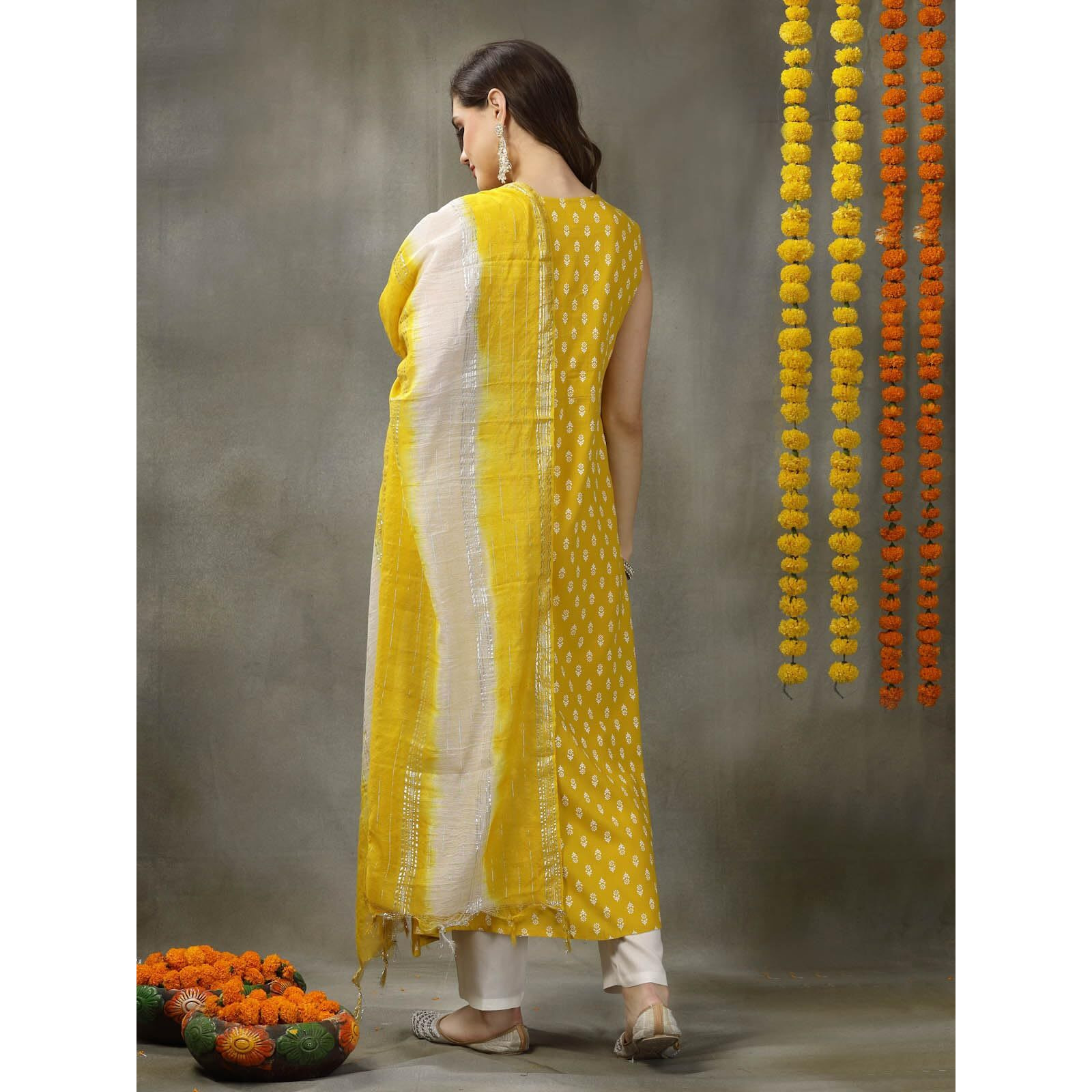 Stylum Women's Printed & Embroidered Rayon A-Line Kurta With Dupatta (Kdylwfruity36_Yellow, S)