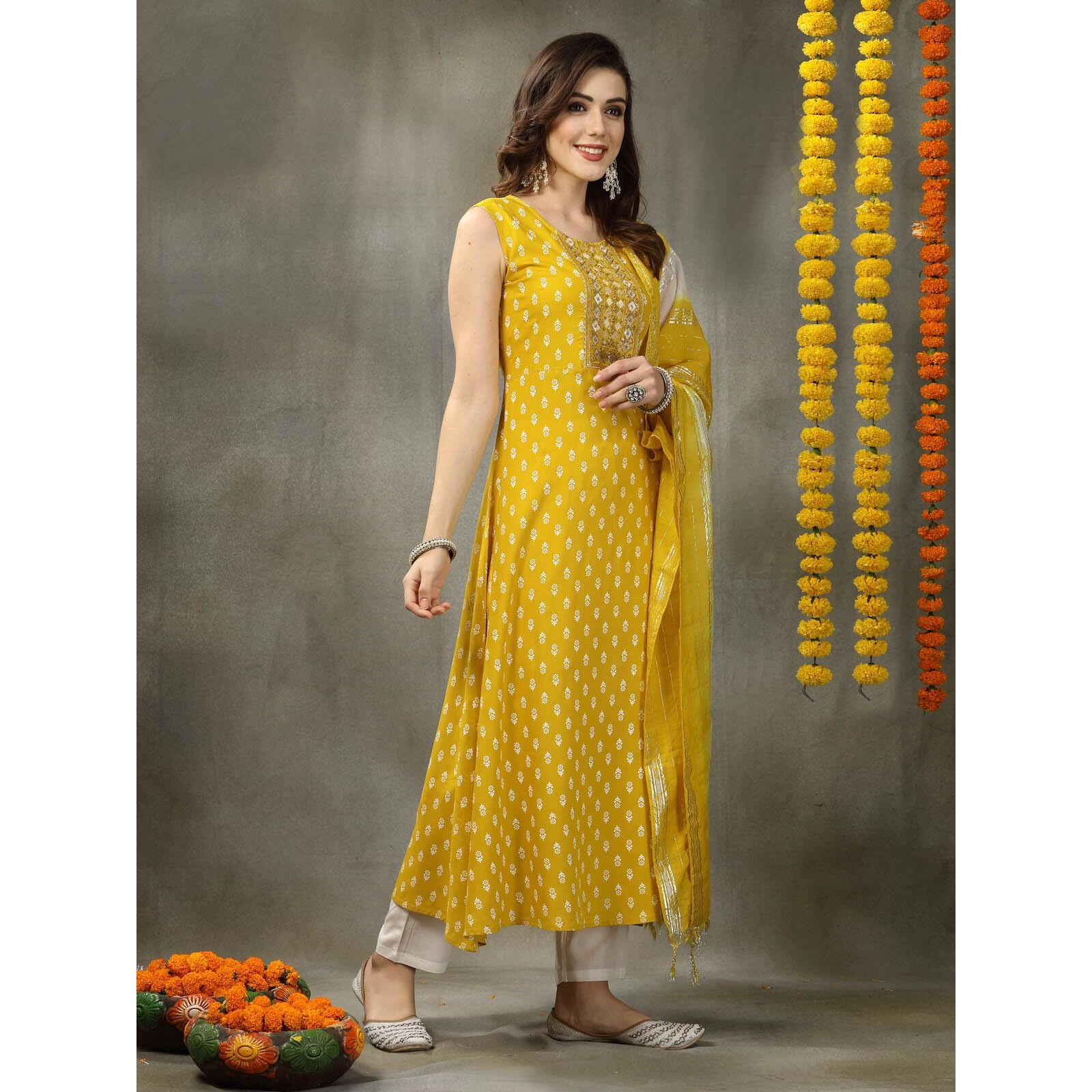 Stylum Women's Printed & Embroidered Rayon A-Line Kurta With Dupatta (Kdylwfruity36_Yellow, S)