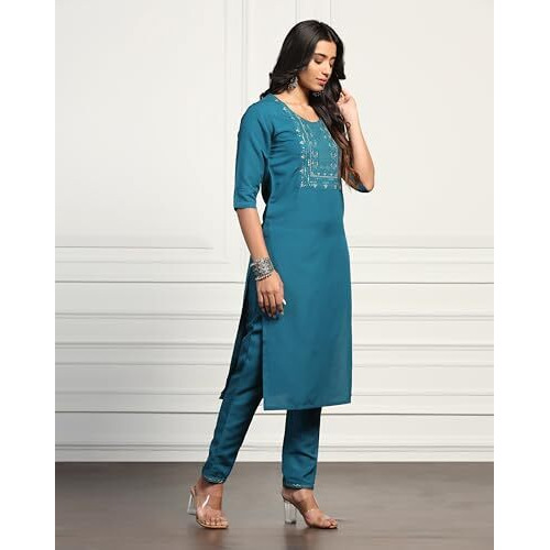 Tadkee Women's Straight Sequence Work Kurta With Pant (Fn-Straight-Squance-Pair-105-Blue-Xl)