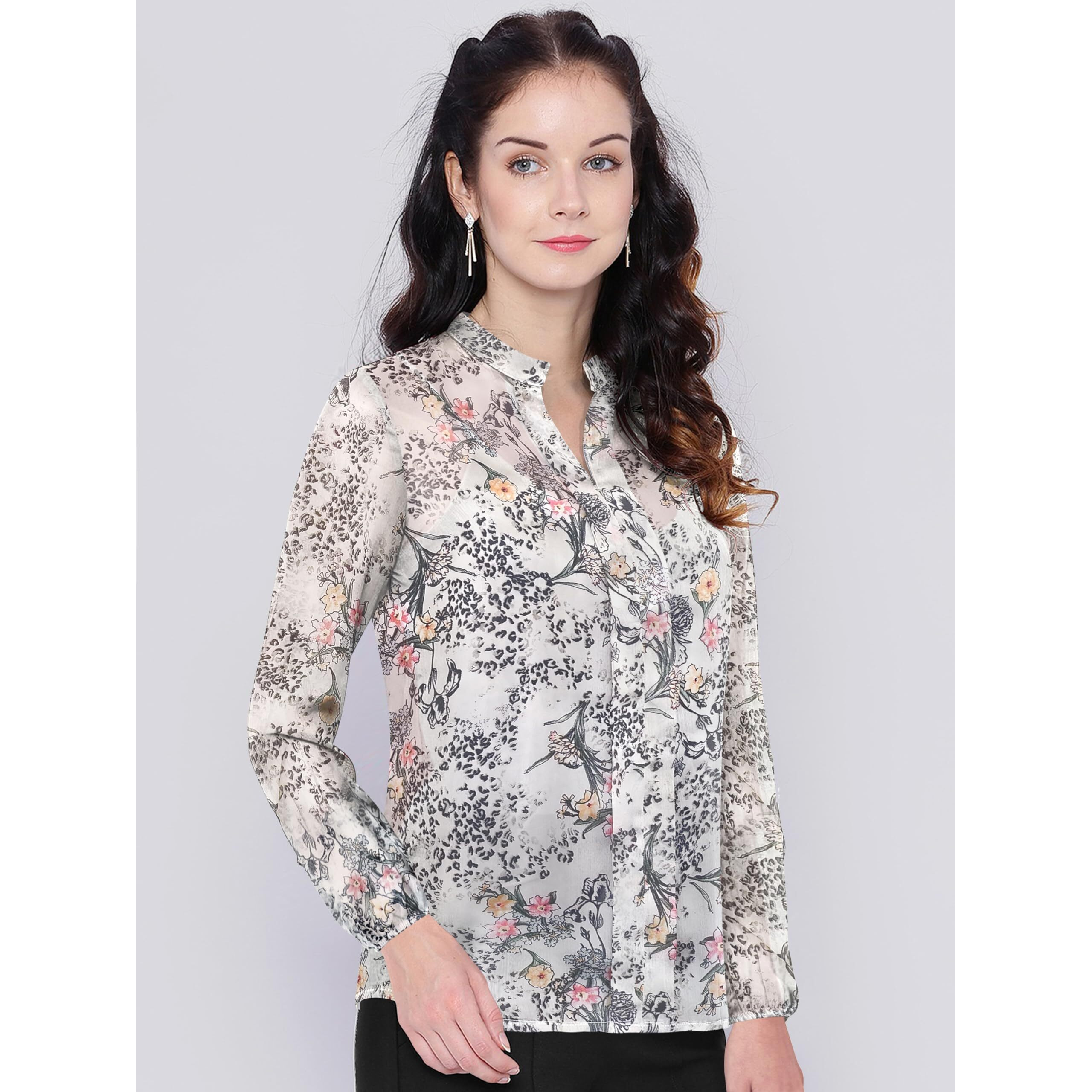 Toochki Women's Grey Georgette Botanical Print Straight Western Top | Winter Top | Western Top | Top For Women | Latest Women Top | Trendy Women Top
