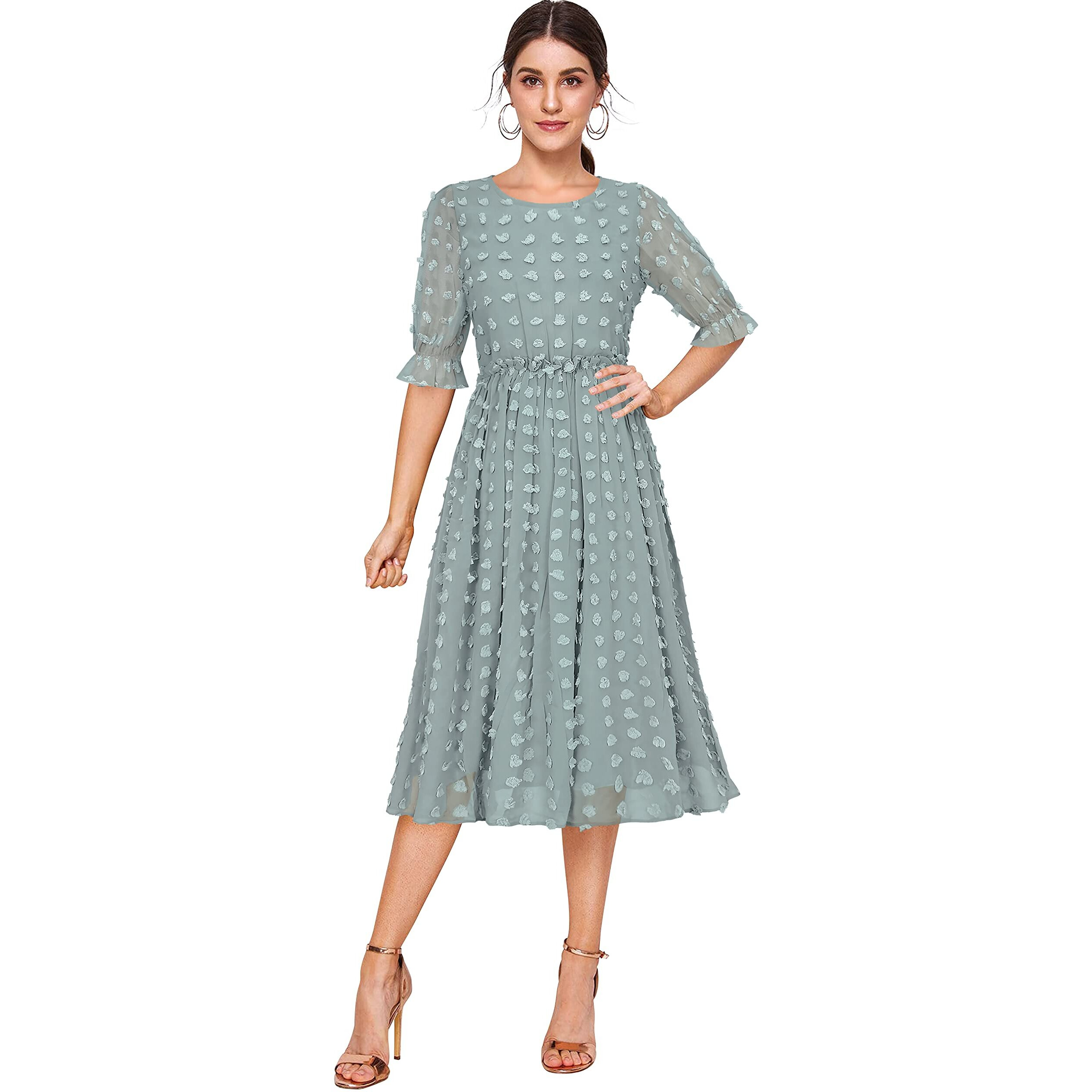 Toochki Women's Dobby Georgette Fit And Flare Midi Western Dress (Toochki097-Dr_Sea Green